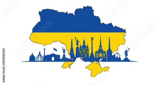 Silhouette of the map of Ukraine is colored in blue and yellow flag colors with a row of famous national landmarks and monuments.