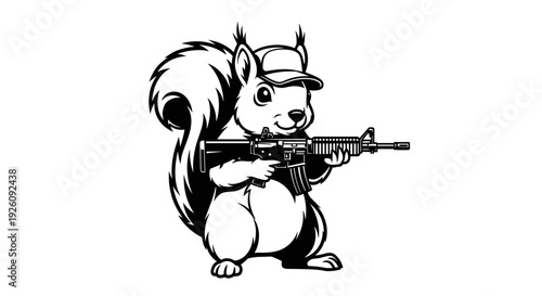 Whimsical cartoon squirrel wearing a baseball cap and holding a rifle depicted in a bold black and white graphic style