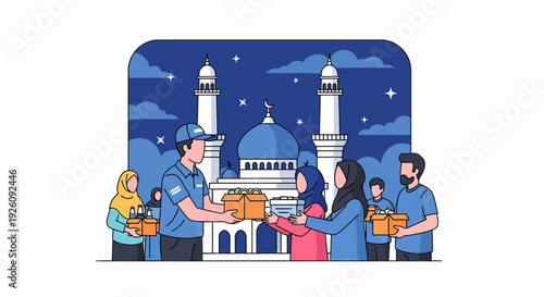 Delivery person giving gifts to people near mosque.