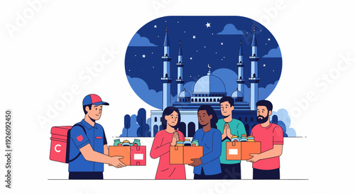 Delivery person handing boxes to happy people celebrating Eid.