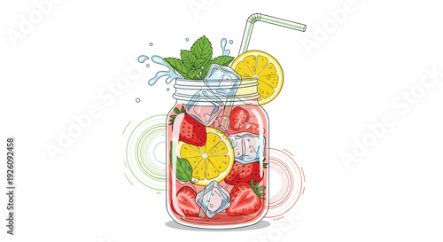 Refreshing strawberry lemonade with lemon slices, ice cubes, and mint leaves is served in a glass mason jar with a striped straw.