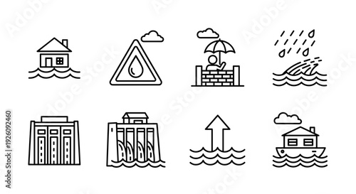 Set of flood danger icons illustrating water damage heavy rain flood warning signs flood barriers and water level rise