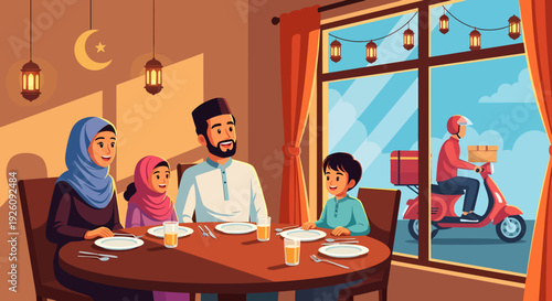 Muslim Family Enjoying Meal Together At Home.