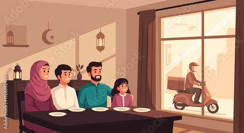 Muslim Family Waiting for Food Delivery During Ramadan.