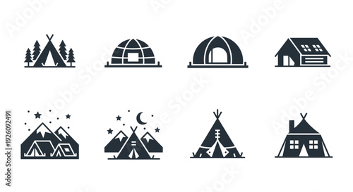 Collection of diverse camping tent icons and silhouettes including teepees domes and cabins set against a clean white