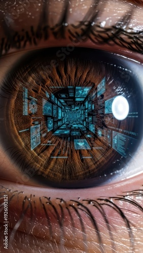 Close up of a human eye reflecting a digital circuit board and futuristic technology elements.