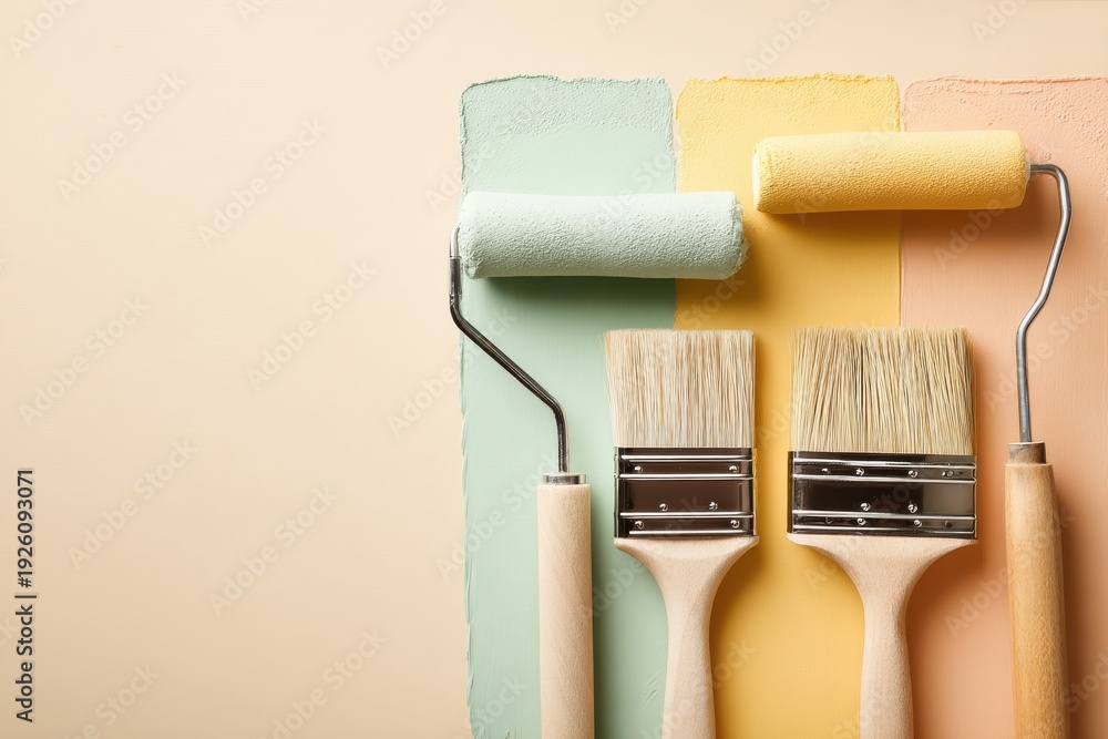 Obraz premium Paint roller and brushes with color swatches on a neutral background, perfect for home renovation inspiration