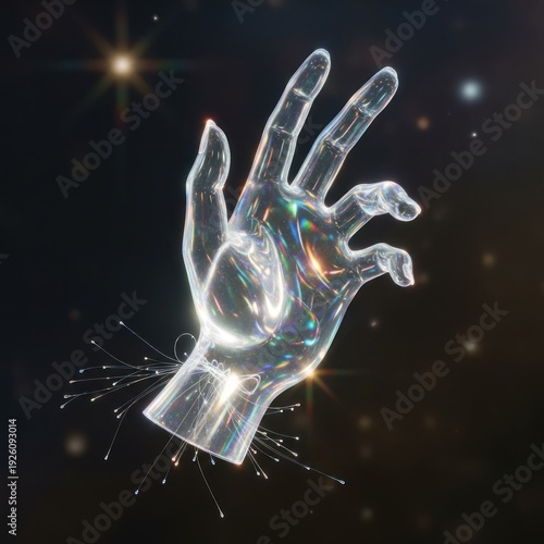 Futuristic translucent LED hand sculpture glowing against a starry backdrop.