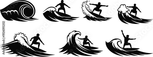 Black silhouettes of surfers riding waves on surfboards surfing