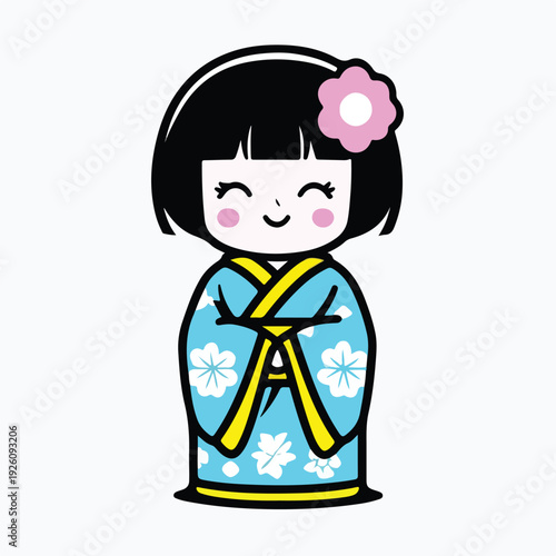 Adorable cartoon illustration of a traditional Japanese Kokeshi doll wearing a vibrant blue kimono with flowers