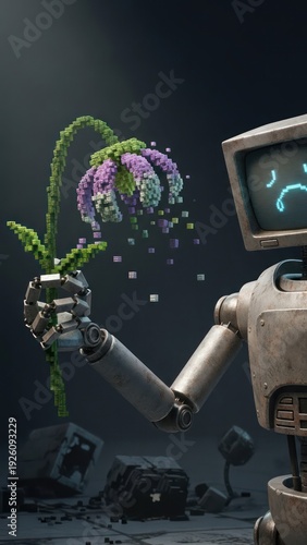 Robot gardener tending glowing purple plant in a dark lunar landscape.