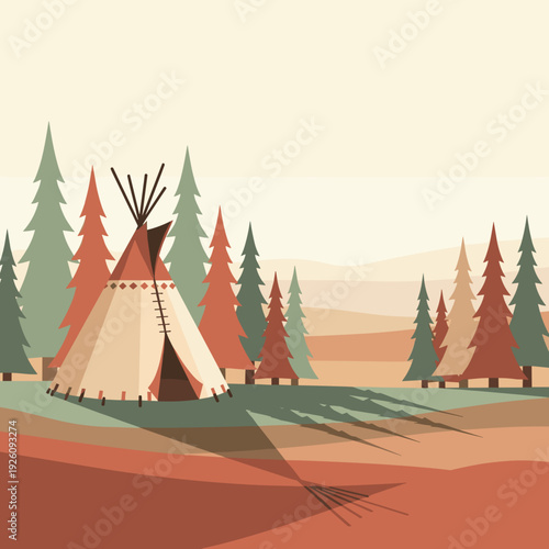 Scenic Landscape with Teepee Tent at Sunset