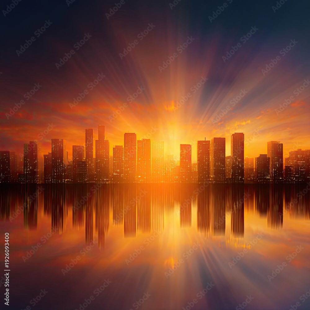 Fototapeta premium Radiant City Skyline Sunset Reflection