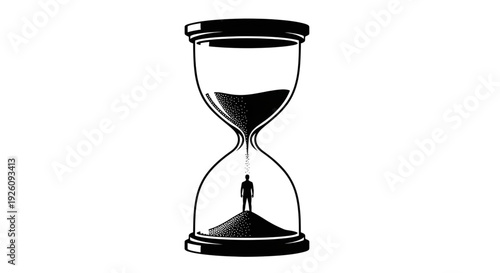 Silhouette of a man trapped inside a giant hourglass as sand falls representing time management or deadline pressure