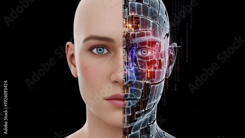 Split-face portrait blending a human profile with medical imaging and brain anatomy.