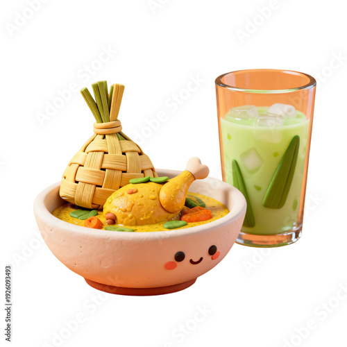ute 3D illustration of traditional Indonesian Eid al-Fitr food featuring a smiling bowl of chicken curry, ketupat, and a refreshing glass of iced melon drink, isolated on white.