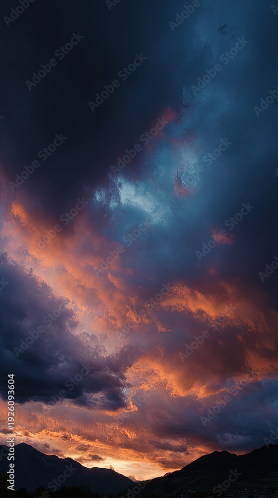 Obraz premium Dramatic Fiery Sunset Cloudscape Over Mountains