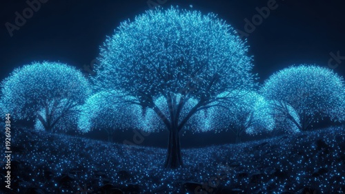 Moonlit Blue Forest: Glowing Trees Form a Dreamlike Night Landscape.