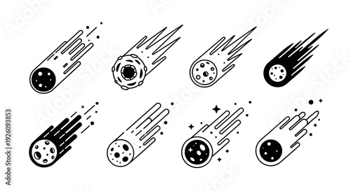 Collection of stylized meteor and comet icons with trailing fire and stars representing cosmic events and space