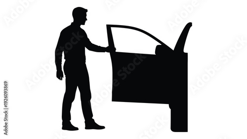 A silhouetted figure opens the door of a vehicle suggesting movement and travel
