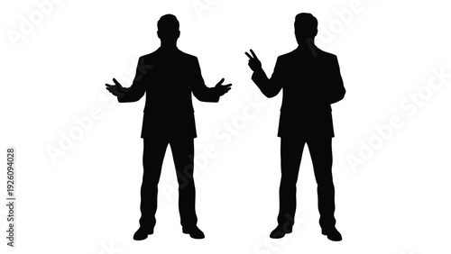 Silhouettes of two men in suits with outstretched arms facing forward