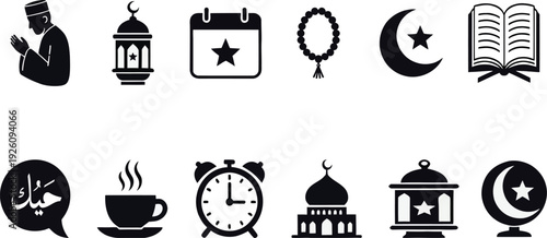Ramadan icon set. Includes mosque, crescent moon, star, lantern, calendar, prayer, coffee, clock, speech bubble. Created in minimalist style with black and white palette