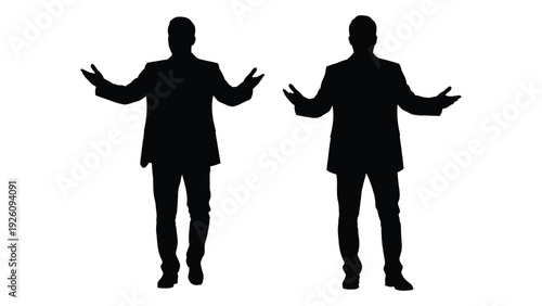 Two identical silhouettes of men with arms outstretched in a questioning gesture