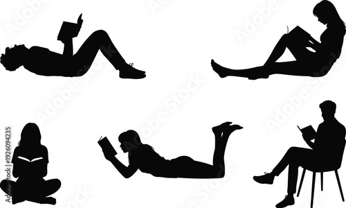 People reading books silhouette set, men and women studying, sitting and lying isolated on white background vector illustration