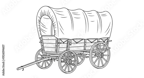 Historic canvas covered pioneer wagon with wooden wheels and hitch a symbol of westward expansion and frontier travel