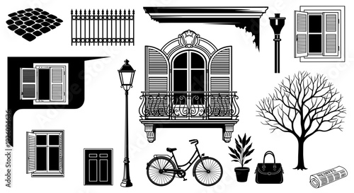 Collection of vintage architectural elements and urban objects including ornate balconies windows doors street lamps