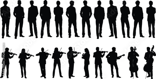 Business people and musicians silhouette collection, professional men standing and orchestra performers isolated vector illustration on white background