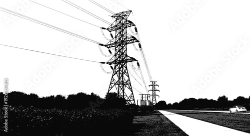 High voltage power lines and electricity pylons along a highway: Design for energy industry reports, infrastructure development presentations, or renewable energy concepts. Transparent SVG version.