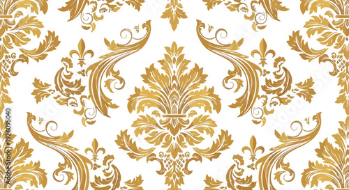 Elegant seamless golden ornamental pattern on a pristine white background, ideal for luxurious design projects, vintage textile prints, and classic decorative wallpaper