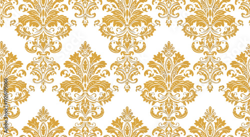 Elegant Golden Damask Pattern with a Classic Baroque Motif on a White Background