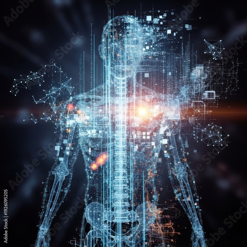 Futuristic holographic figure composed of digital circuits and neon light in a high-tech landscape.