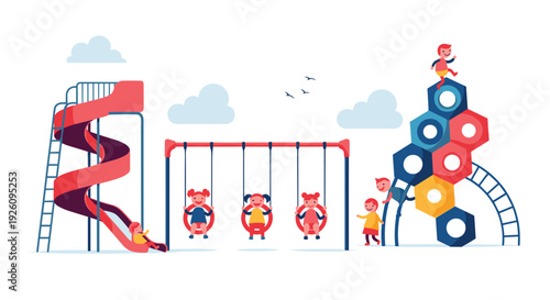 Happy children playing on a colorful playground with a slide swings and a climbing structure under a blue sky with clouds.