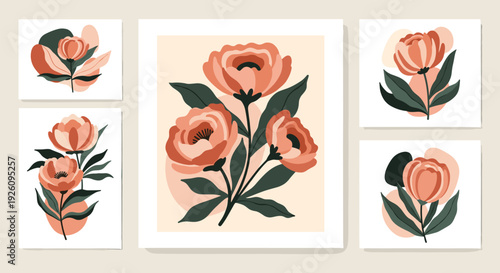 A set of five modern botanical wall art prints featuring abstract pink peony flowers for a stylish and cohesive gallery display.