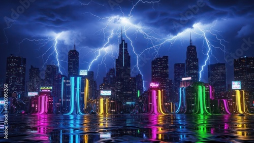 Vibrant Neon City Skyline Under Stormy Night with Electric Lightning and Reflections.