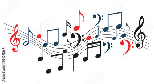 A dynamic composition of colorful musical notes and clefs flowing on a wavy staff representing melody harmony and music.