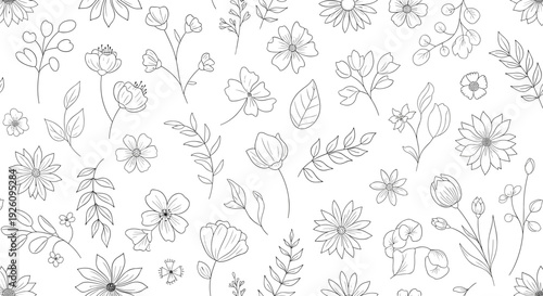 Seamless pattern with delicate hand-drawn botanical illustrations of various flowers and leaves in a simple black line art style.