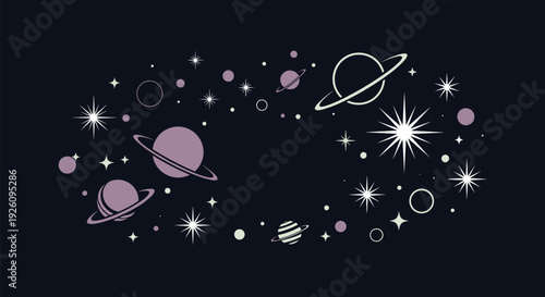 Elegant cosmic frame design with pastel purple planets stars and galaxies arranged in a swirling oval on a dark background.