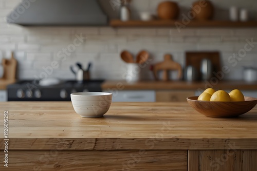 Kitchen countertop mockup, shallow depth of field, defocused background
