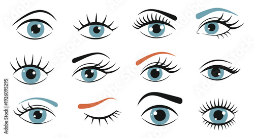 A collection of twelve different female eye illustrations showing various shapes expressions and eyebrow styles for beauty concepts.