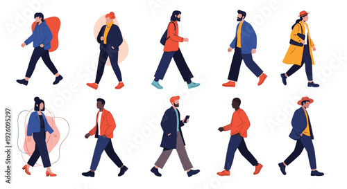 A diverse set of ten fashionable people walking from the side each with unique clothing and hairstyles in a flat design style.