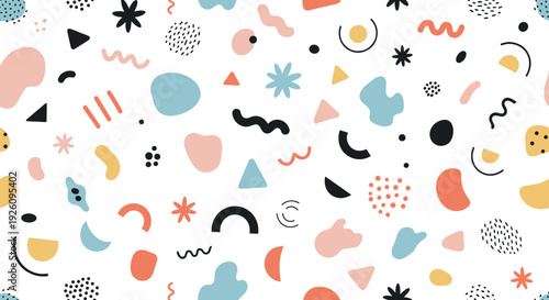 A playful and chaotic seamless pattern of colorful abstract shapes dots and lines in a trendy modern Memphis style.