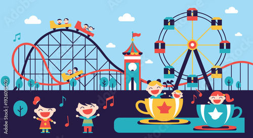 A vibrant and fun amusement park scene with cheerful children riding a roller coaster ferris wheel and spinning teacups.