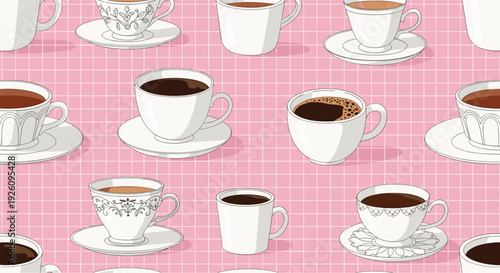 Seamless vector pattern of elegant white coffee cups and saucers arranged on a pleasant pastel pink checkered grid background.