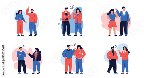Set of vector illustrations depicting couples in various stages of communication including arguments greetings and conversations.