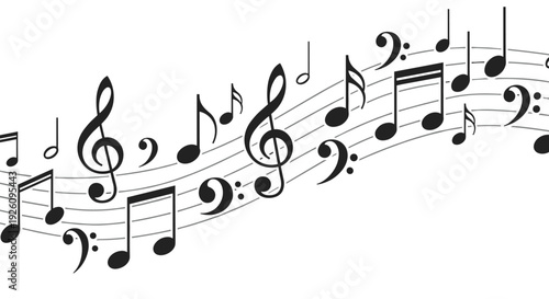 Flowing black musical notes and symbols including treble and bass clefs arranged on curving staves on a white background.