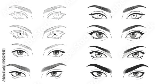 A collection of female eyes with various makeup styles and expressions created in a detailed hand-drawn engraving or sketch style.
